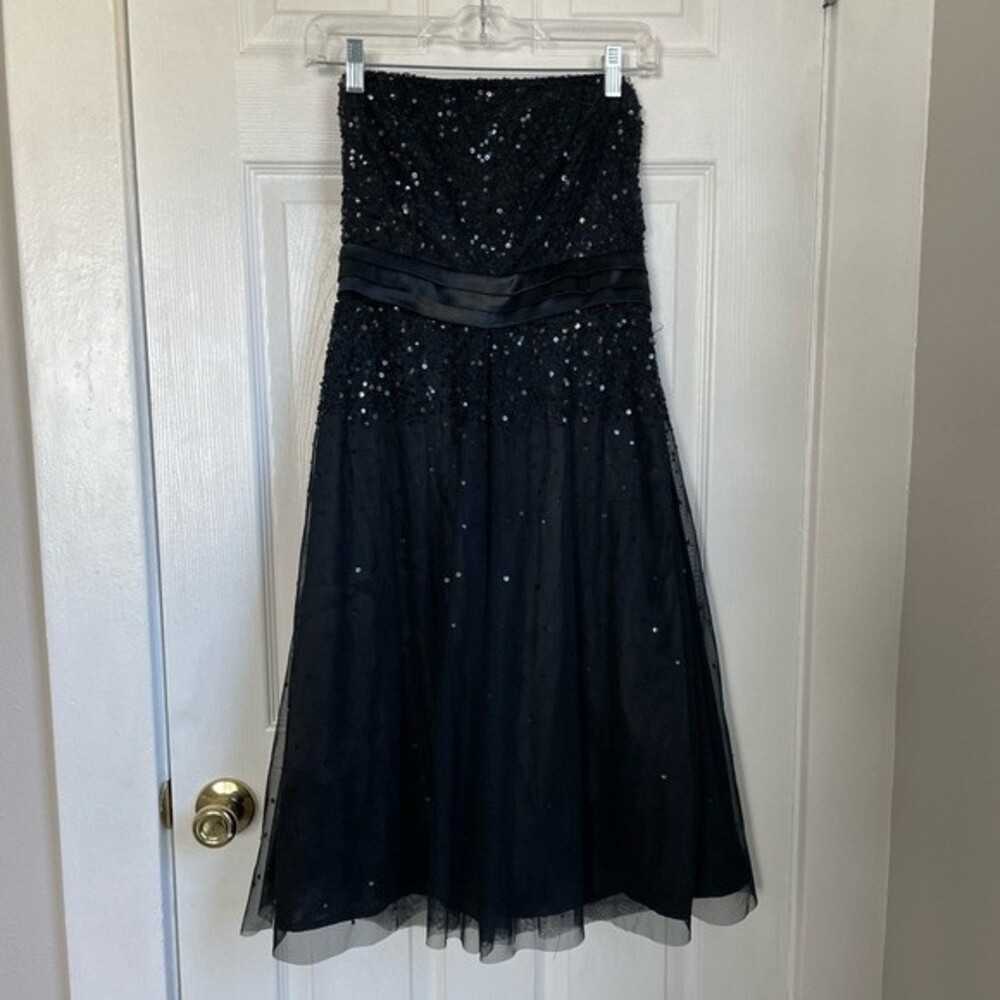 Adrianna Papell mini dress wedding formal sequin prom black strapless size 6
